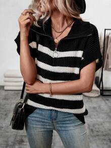 SHEIN LUNE Women'S Striped Half Zipper Knit Top - Multicolor - View 4