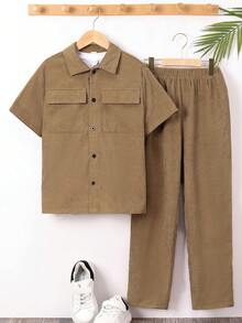 適合青春期男孩的寬鬆休閒灰色燈芯絨短袖襯衫和短褲套裝 - 卡其色 - 查看 6