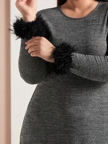 Mulvari Plus Size Women'S Patchwork Sleeve Cuff Round Neck Dress - Grey - View 6