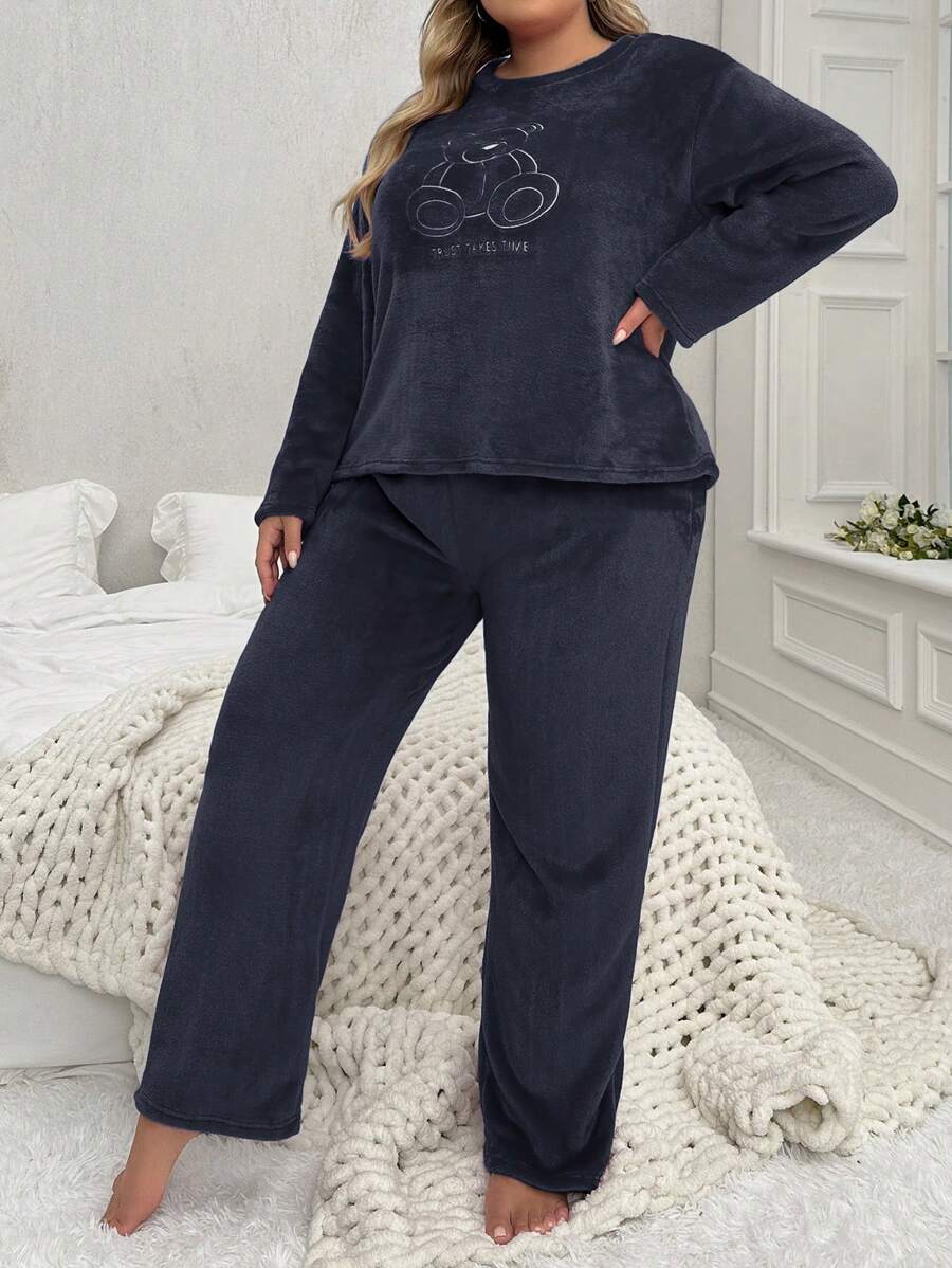 Plus Size Flannel Pajama Set With Embroidered Bear Pattern SHEIN USA