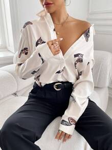 SHEIN Privé Của phụ nữ Giày cao gót In Thả vai Áo sơ mi - Màu be - Xem 4