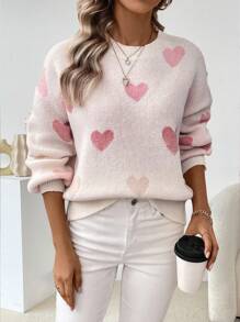 SHEIN LUNE Casual Women's Heart Pattern Knit Pullover Fall Winter Sweater - Pink - View 4