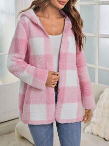 SHEIN LUNE 格紋圖案連帽絨毛外套 - 粉色 - 查看 6