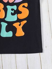 Camiseta gráfica con flores y lema para niñas preadolescentes - Negro - Ver 5