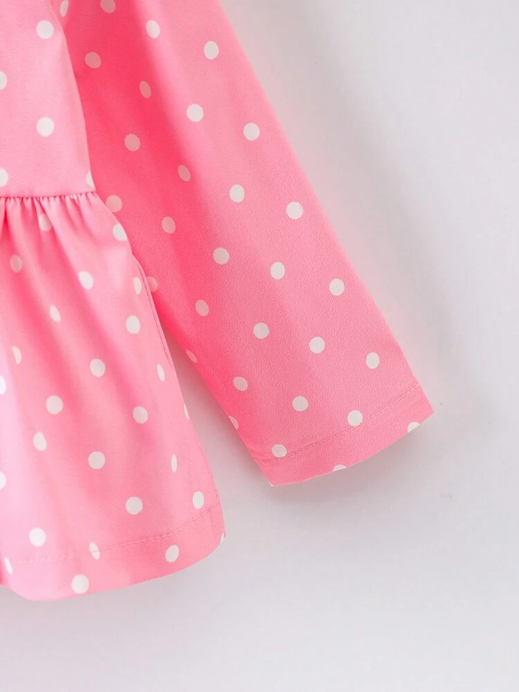 Baby Girls' Pink Polka Dot Coat With Bunny Applique Embroidery For Spring/summer Daily Casual Wear, Cute And Elegant, Long Sleeve