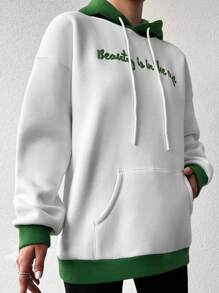 RueChic Letter Embroidery Kangaroo Pocket Drop Shoulder Drawstring Hoodie - White - View 3