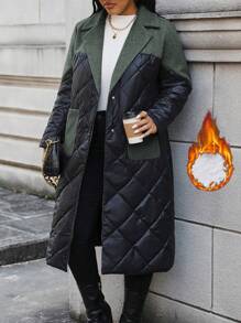 Calvaya 大码拼色翻领加厚棉服外套冬季 - 軍綠色 - 查看 1