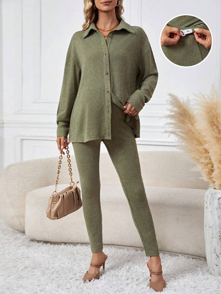 SHEIN Thai sản Dài Áo Và Vòng eo có thể điều chỉnh Đáy Hai chiếc Bộ - màu xanh lá - Xem 1