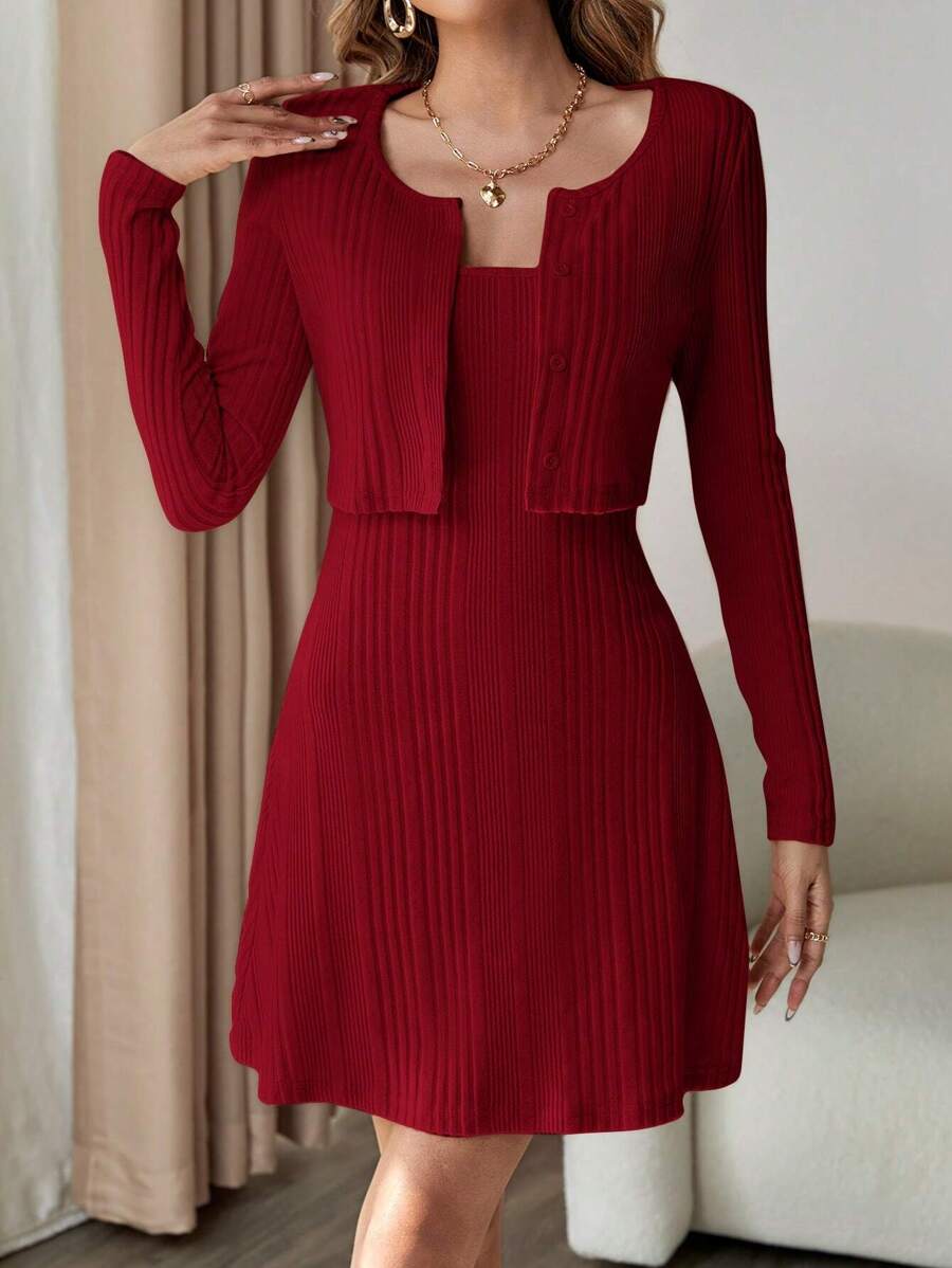 Firerie 純色細肩帶連身裙和夾克兩件套 - 酒紅色 - 查看 1