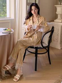 DAZY Flower Patchwork Edge Detail Long Sleeve Pajama Set