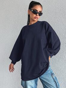 RueChic Solid Color Loose Fit Drop Shoulder Sweatshirt - Navy Blue - View 5
