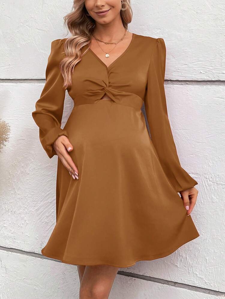 Maternity V-Neck Twist Knot Lantern Sleeve Dress