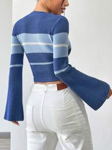 Flirla Women's Color Block Long Sleeve Cropped Sweater,Long Sleeve Tops Knit Pullover Fall Winter Sweater - Multicolor - View 2