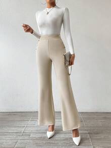 SHEIN Privé 女士純色鈕扣設計喇叭褲 - 杏色 - 查看 5