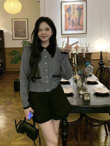 女士休闲撞色领针织开衫，秋冬款 - 深灰色 - 查看 3