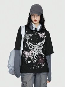 ROMWE Grunge Punk Women's Vacation Style Butterfly Print Contrast Color 2 In 1 Spliced T-Shirt - Black - View 1