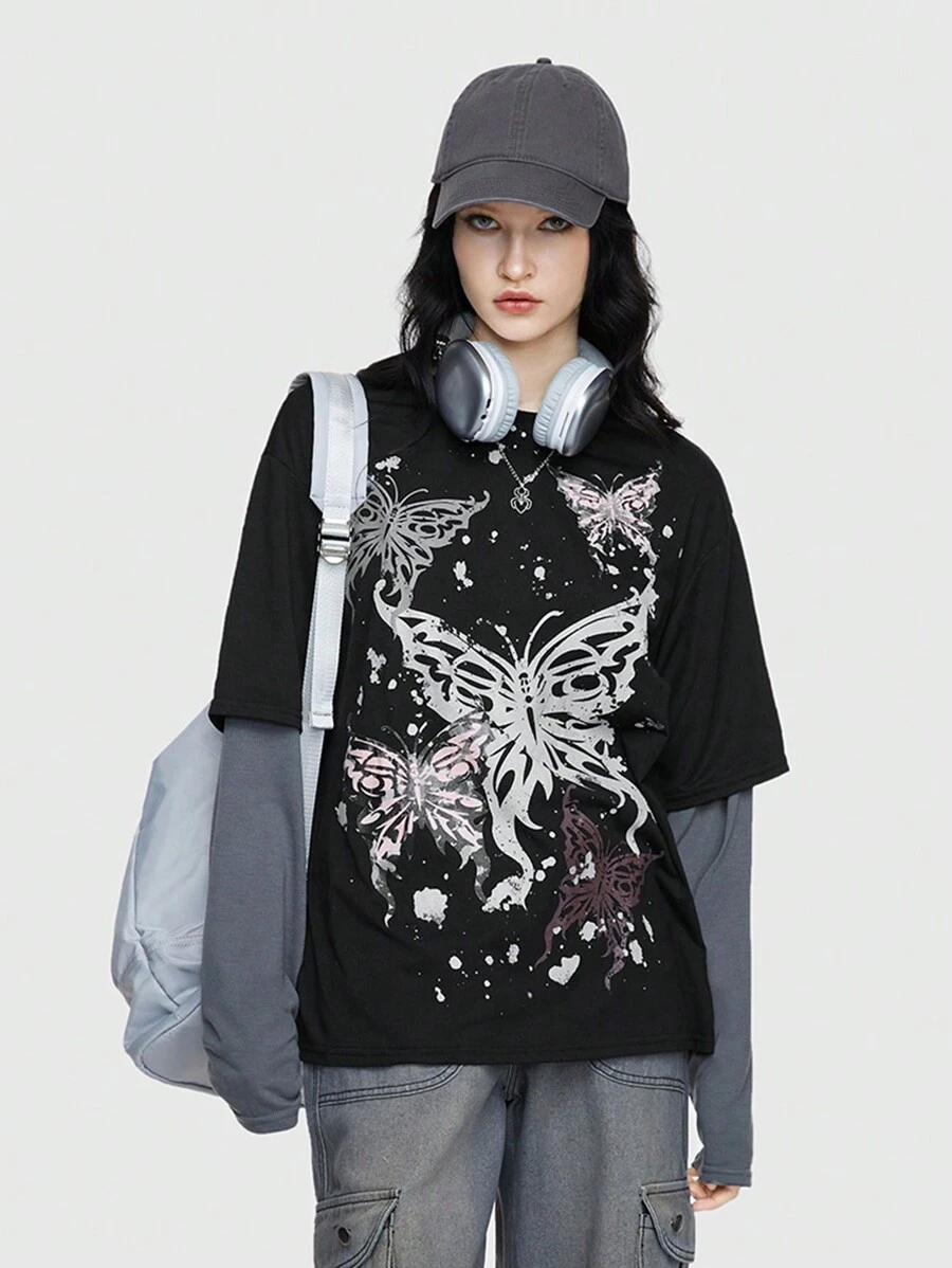 ROMWE Grunge Punk Women's Vacation Style Butterfly Print Contrast Color 2 In 1 Spliced T-Shirt - Black - View 1
