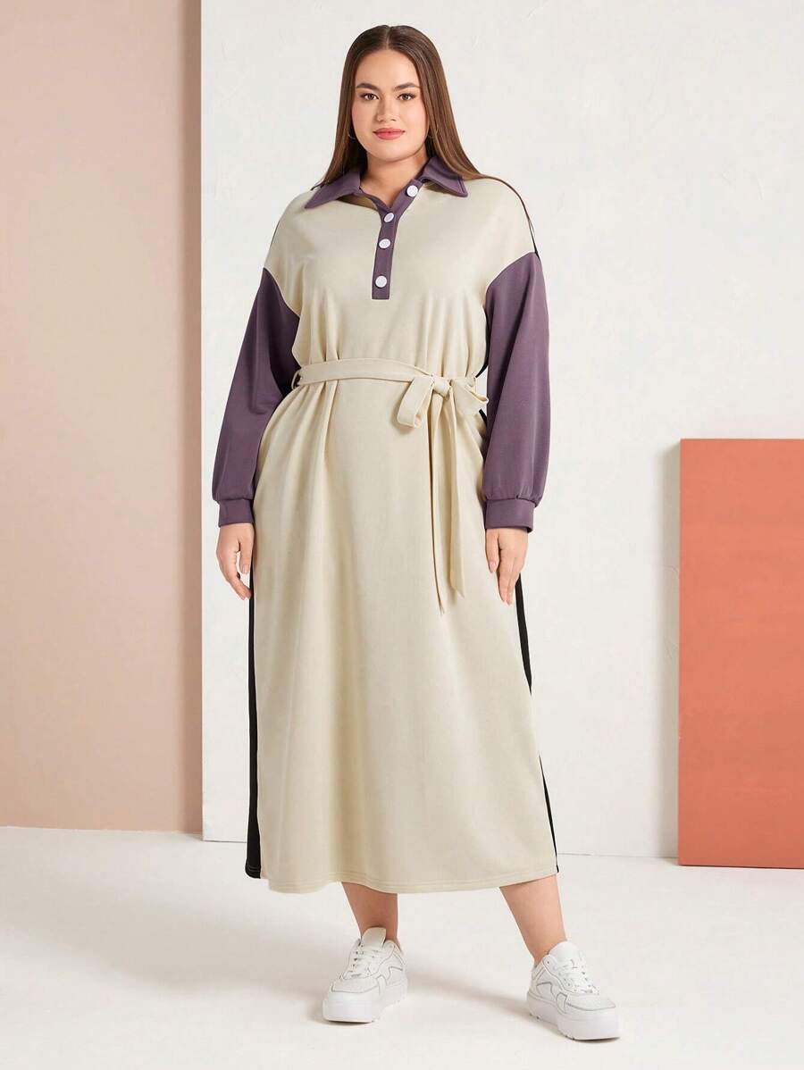 Seusyu Plus Size Women's Polo Collar Color Block Drop Shoulder Dress With Belt - Multicolor - View 1