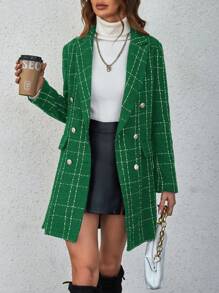 SHEIN Privé 格子襯衫領毛呢大衣 - 綠色 - 查看 6