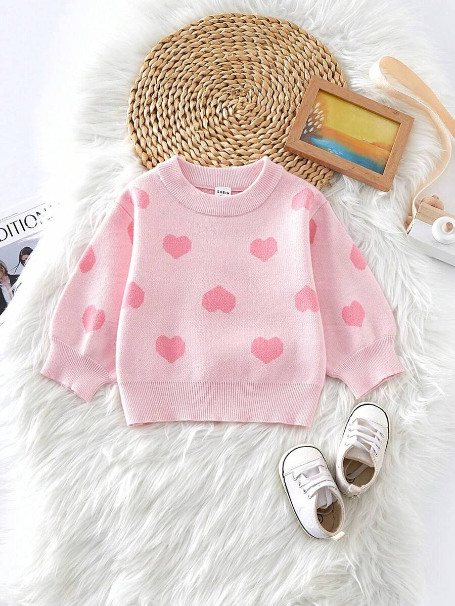 Baby Girls' Heart Round Neck Loose Fit Sweater For Autumn And Winter - Pink - View 1