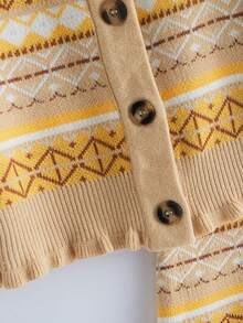 SHEIN Cô gái In Hình học Nút Lên Áo len Mở Và Ruffled Hem Váy dệt kim Bộ - Màu be - Xem 3