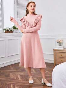 SHEIN Teen Girls' Stand Collar Ruffle Trim Long Sleeve Dress - Pink - View 4
