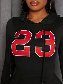 Slaydiva Women'S Letter Print Drawstring Hoodie Top And Leggings Two Piece Set - Black - View 3