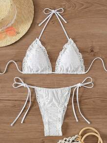 SHEIN Swim 夏季钩针编织孔眼刺绣和荷叶边装饰比基尼套装婚礼