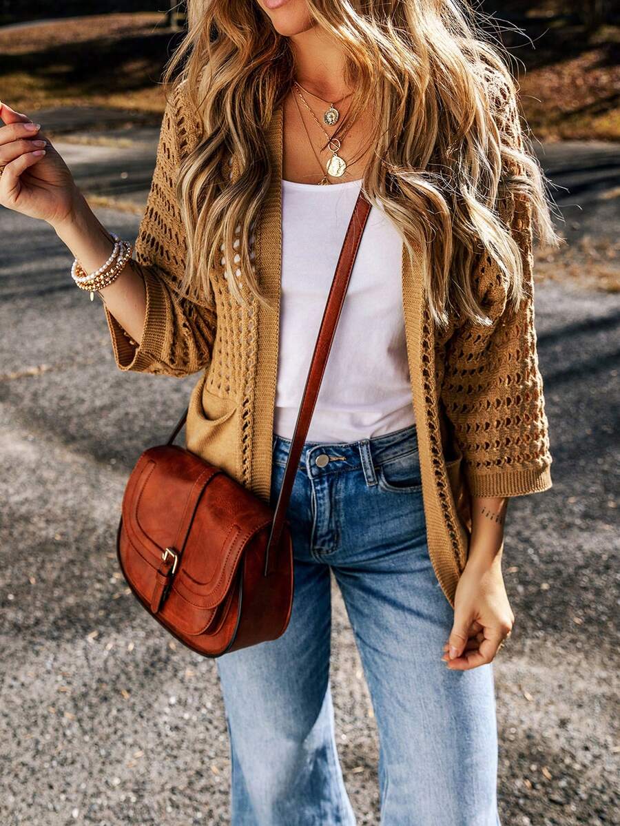 Astylish 3/4 tay áo Hollow-out Móc sự thêu Mở Mặt trước Áo len Mở - Lạc đà - Xem 1