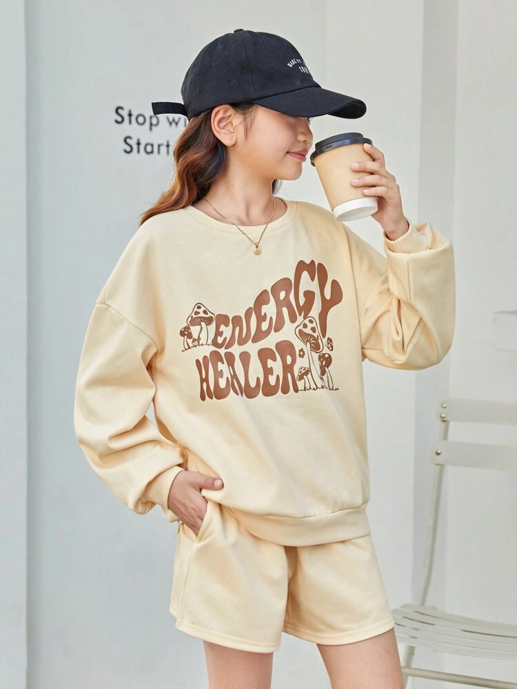 Tween Girls Knitted Letter Pattern Round Neck Loose Sweatshirt With Plain Loose Fit Shorts Set