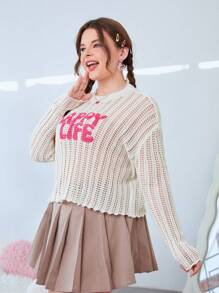 SHEIN EZwear Sweatshirt-pullover In Übergröße Mit Buchstabenmuster, Fallenden Schultern Und Hohlem Design - Beige - Übersicht 5