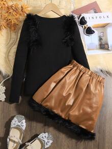 SHEIN 青少女長袖白色T恤和棕色下擺裙2件套組 - 彩色 - 查看 2