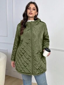 SHEIN LUNE 大码保暖内衬拉链前绗缝羽绒夹克 - 軍綠色 - 查看 3