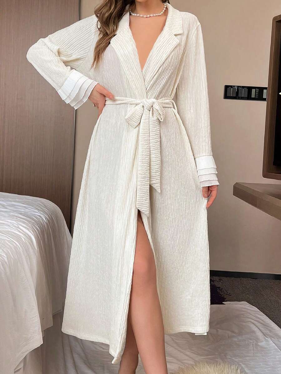 Women's Contrast Lapel Belted Robe - Beige - View 1