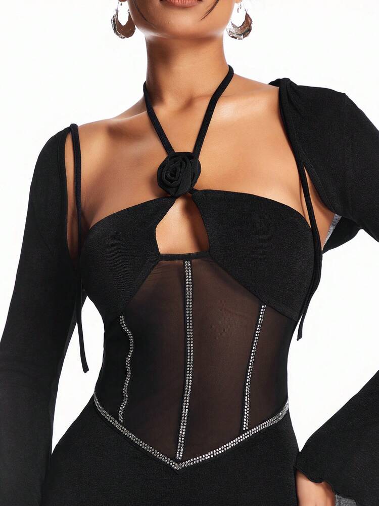 Three-Dimensional Flower Mesh Splicing Halter Dress And Waistcoat Two-Piece Set