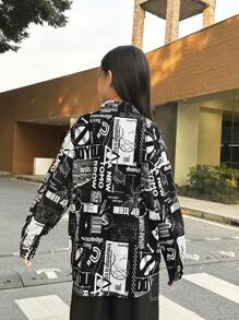 SHEIN 少女运动涂鸦不对称下摆编织宽松长袖衬衫 - 黑與白 - 查看 2