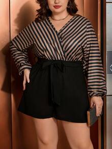 SHEIN Clasi 大尺碼女士條紋腰帶連身褲 - 彩色 - 查看 3