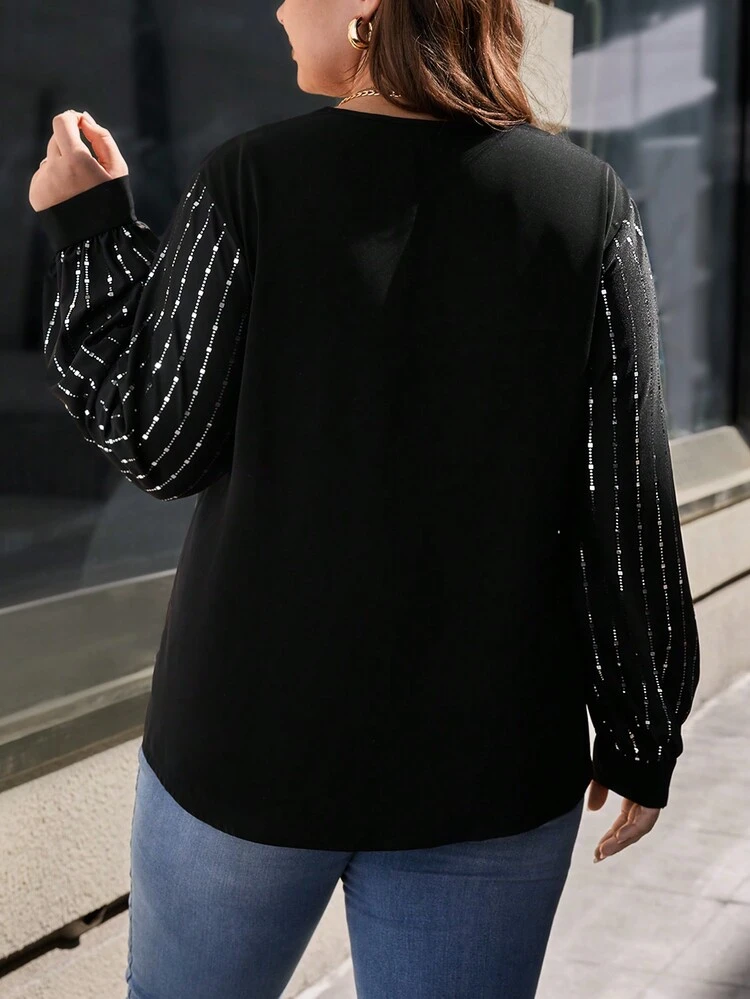 Plus Size V-Neck Striped Lantern Sleeve Blouse
