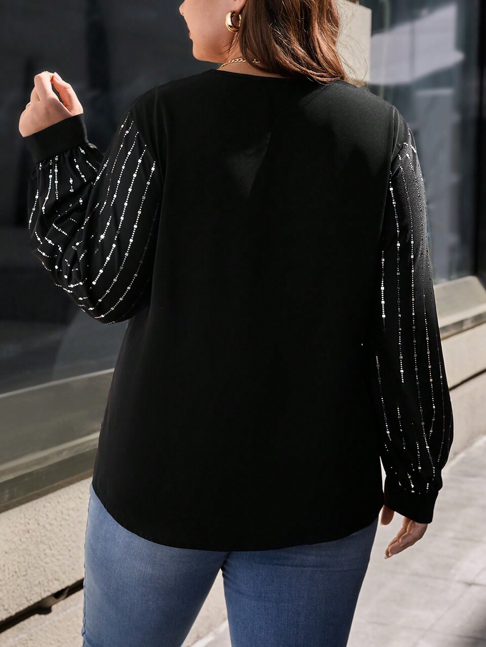 Plus Size V-Neck Striped Lantern Sleeve Blouse