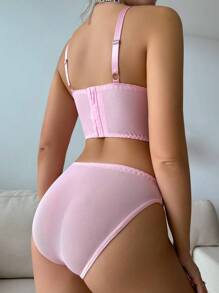 蕾絲拼接鑽孔背心內衣套裝 - 粉色 - 查看 2