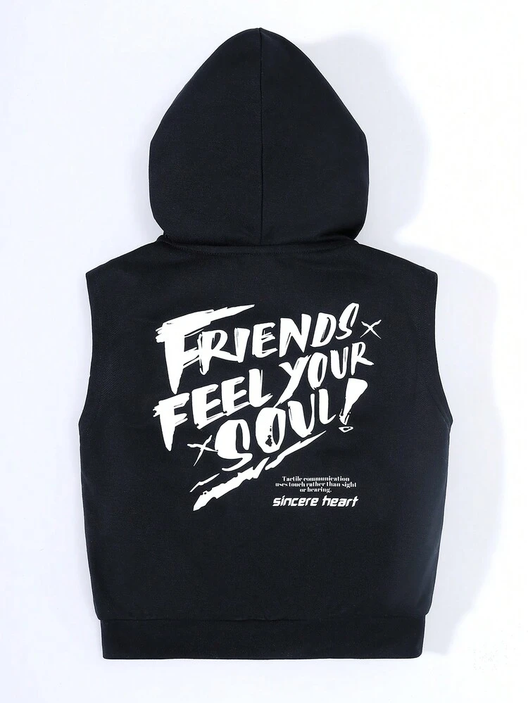 Young Boys' Casual Comfortable Sleeveless Sweatshirt With Slogan Print