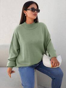 EURMUSE 女款大尺碼純色下擺落肩針織毛衣 - 薄荷綠 - 查看 3