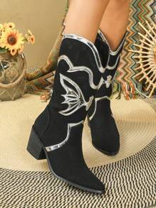 Styleloop Women's Short Boots Slip-on Style Diamond Embroidery Chic Over-the-knee High Boots In Black - Black - View 5