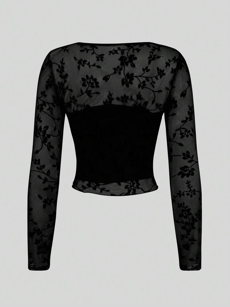 2pcs/Set Floral Embroidery Mesh Top With Lettuce Trim Fall Cloth For Women