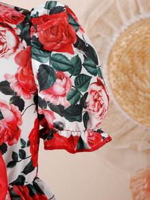 嬰兒女童玫瑰印花蓬蓬袖裙子,配有蝴蝶結裝飾 - 紅色 - 查看 6