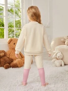 小女孩的卡通熊刺繡下肩毛絨家居服套裝 - 杏色 - 查看 2