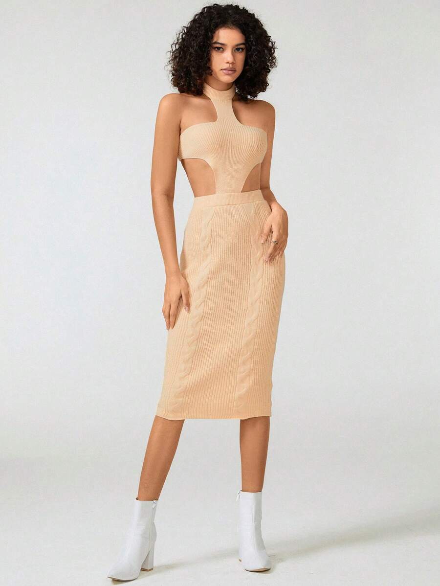 Château du Pearl 设计师露背领镂空粗针织优雅毛衣裙，适合节日、派对装、生日装、节庆、婚礼、舞会礼服 - 杏色 - 查看 1