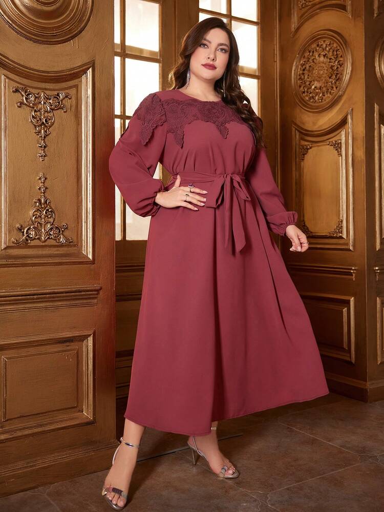 Plus Size Embroidered Lantern Sleeve Belted Dress