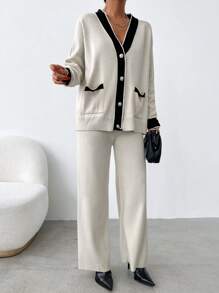 EURMUSE Contrast Trim Drop Shoulder Cardigan & Knit Pants - Beige - View 5