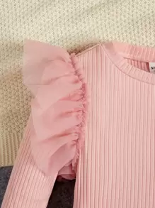 SHEIN Leap Crew 年轻女孩网眼撞色斗篷袖圆领长袖打底上衣 - 粉色 - 查看 3